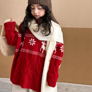 女童毛衣冬季儿童圣诞，新年红色雪花针织衫洋气，大童过年套头羊毛衫