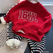 男童新年红色加绒保暖卫衣，2024冬装中小童，洋气刺绣字母套头衫