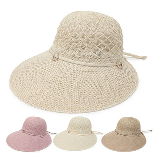 夏季遮阳女帽纯色宽沿针织防晒帽圆顶中老年女帽妈妈帽子草帽