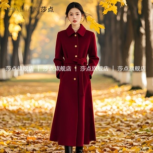 高贵轻奢红色毛呢大衣赫本风名媛气质秋冬季新款呢子外套女中长款
