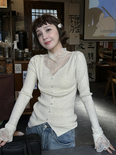 欧货羊毛针织衫2023冬季时尚小性感拼蕾丝单排扣半高领修身打底衫