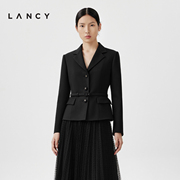 LANCY/朗姿2024春季高级通勤羊毛西装外套女黑色短款收腰西服