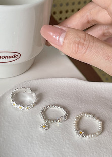 原创设计手工串珠珍珠纯银雏菊戒指系列清新可爱独特个性食指戒潮