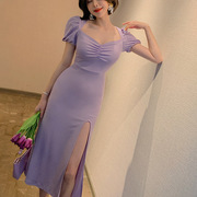 衣服2024夏装女装韩版性感v字领褶皱修身弹力紫色连衣裙3901
