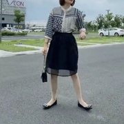 蓬蓬98032022复古格子七分袖打底衫黑色半裙时尚女