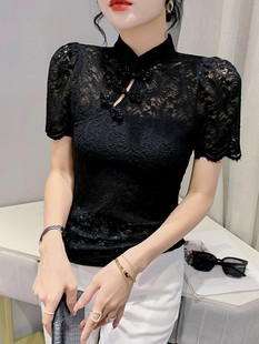 中国风立领蕾丝衫女短袖，夏季设计感复古盘扣上衣洋气性感镂空小衫