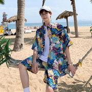 夏季沙滩套装男花衬衫时尚，休闲运动夏威夷情侣，海边旅游度假两件套