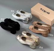 纯原单reqins芭蕾鞋羊皮法式复古中跟粗跟方头蝴蝶结跳舞鞋单鞋女