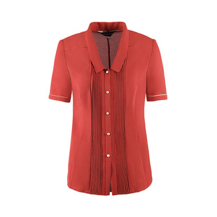 靓诺短袖衬衫女夏季2023气质百搭桔红色方领压褶上衣LC23215A