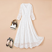 大码女装法式白色蕾丝，连衣裙2023年秋装微胖mm九分袖中长款裙