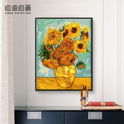 自油自画diy数字油画客厅，植物花卉欧式手绘填色油彩装饰画向日葵