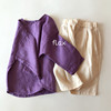 男童亚麻衬衫女童圆领棉麻上衣，儿童森系复古韩版宽松套头紫色衬衣