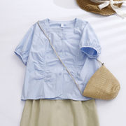 外贸法国撤柜原单棉麻娃娃衫减龄上衣女夏季日系文艺方领短袖衬衫