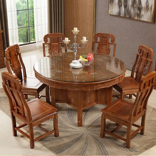 全实木中式圆形餐桌椅组合酒店餐厅家用古典餐桌明清仿古雕花