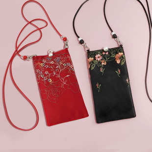 芬芳之品原创蕾丝手机包袋绣花小包，女式斜跨单肩黑色竖款包包