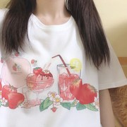 原创正肩闺蜜草莓T恤女装宽松白色印花自制甜美纯棉可爱短袖上衣T