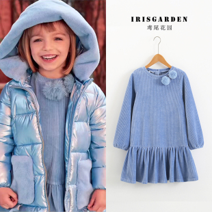 秋冬氛围感意大利女小童天蓝色棉条绒可爱毛球长袖连衣裙3-8岁