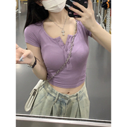 少女感淡紫色百搭韩版方领纽扣短袖T恤夏季修身显瘦短款上衣