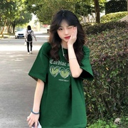 墨绿色t恤女夏季2023纯棉短袖小众设计感港味复古chic上衣潮