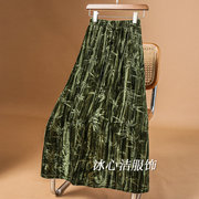 新中式国风竹叶金丝绒半身裙女冬季2023绿色垂感裙子长裙冬裙