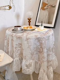 法式复古摩卡色蕾丝花边，粗十字麻仙女风，桌布欧式茶几布床头柜盖巾