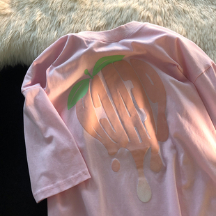 粉色短袖t恤大码女装夏宽松ins潮原宿设计感小众oversize半袖上衣