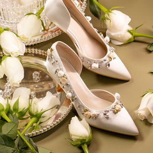 折扣原创玫瑰花朵水钻侧空尖头细跟高跟鞋仙女伴娘婚鞋