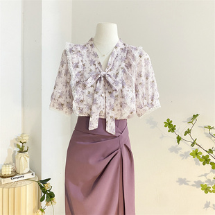 蝴蝶结紫色碎花衬衫女夏设计感减龄气质荷叶，边雪纺衫短袖小衫上衣