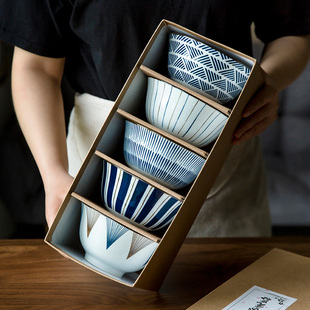 创意中式复古几何陶瓷米饭碗套装家用20245英寸吃饭碗沙拉碗