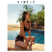 AIMEIC温泉度假纯色性感比基尼聚拢深V三角分体泳衣高腰露背显瘦