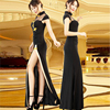 复古旗袍式连衣裙，改良时尚长款气质显瘦表演礼服黑色优雅工作服女