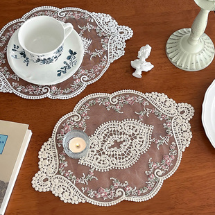 复古玫瑰花刺绣蕾丝桌垫中古家用装饰盖巾餐垫浪漫背景拍摄道具