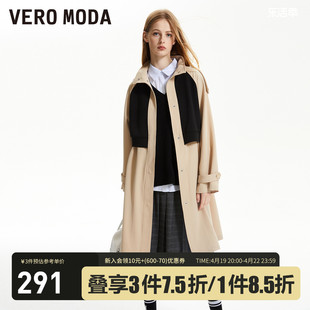 Vero Moda风衣2023秋冬休闲舒适拼接直筒中长长袖外套女