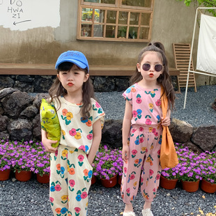 女童短袖套装2024夏季韩版九分裤两件套儿童，宽松花朵姐妹装潮
