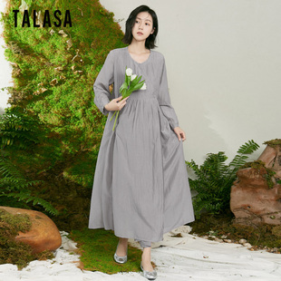TALASA丝棉新中式复古连衣裙2024年春夏宽松高腰显瘦优雅气质长裙