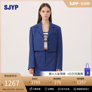 sjyp韩国小众设计翻领单排扣羊毛，短款藏蓝色，西装高级感上衣外套女