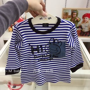 韩国中小童装 21春季男女童宝蓝色条纹弹力纯棉洋气长袖T恤J