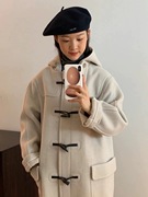 韩国egg鸡蛋家2023年秋冬连帽牛角扣外套，加厚双面羊绒大衣女