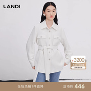 LANDI蓝地白色设计感中长款系带收腰风衣外套女2023年秋季
