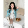 韩版女童2024春夏湖蓝色针织，毛开衫(毛开衫，)女宝宝白色吊带背心蛋糕裙