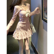 法式甜美粉色蝴蝶结气质长袖连衣裙女春季显瘦百搭短款裙子