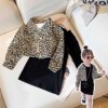 女童秋季套装2021儿童，韩版长袖豹纹，外套洋气针织连衣裙两件套