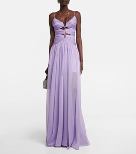 紫色雪纺长裙欧美性感吊带连衣裙女装网纱休闲派对，聚会晚装