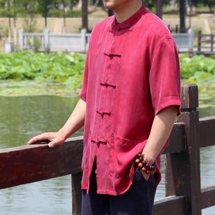中式桑蚕丝唐装男夏天薄款大码铜氨丝短袖衬衫真丝半袖上衣男