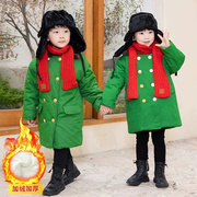 儿童军棉大衣加棉加厚中长款男童外套，东北军绿棉衣加绒冬季宝宝穿