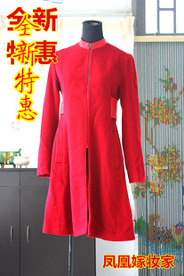 艾米品牌女装红色，立领中长款羊毛大衣，毛呢外套
