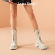 BeauToday白色马丁靴女秋冬厚底短靴BT英伦风单靴中筒靴子骑士靴
