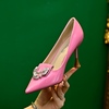 粉色少女单鞋漆皮尖头浅口高跟鞋2024年春季细跟配裙子宴会鞋