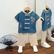 2023男童汉服夏套装(夏套装)复古唐装夏季古风，男儿童棉麻古装薄款麻中国风