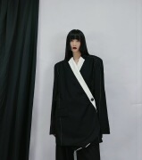 SHUISHUI 小众设计师款黑白拼接撞色西装外套宽肩宽松款中长外套
